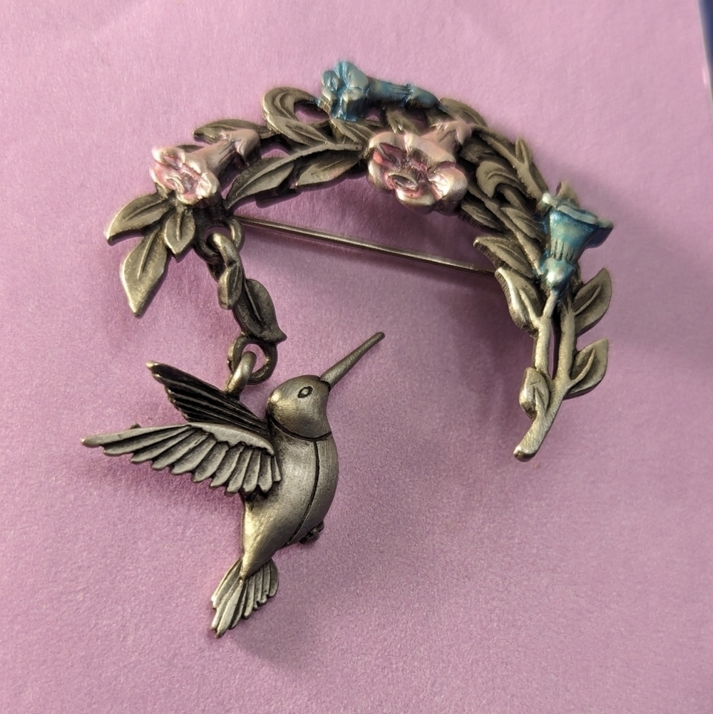 JJ Jonette Brooch Pin hummingbird bird flower pink blue vintage signed pewter 2"
